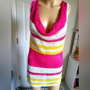 Dolce Cabo shiny yarn knit blouse pink yellow and white size M.